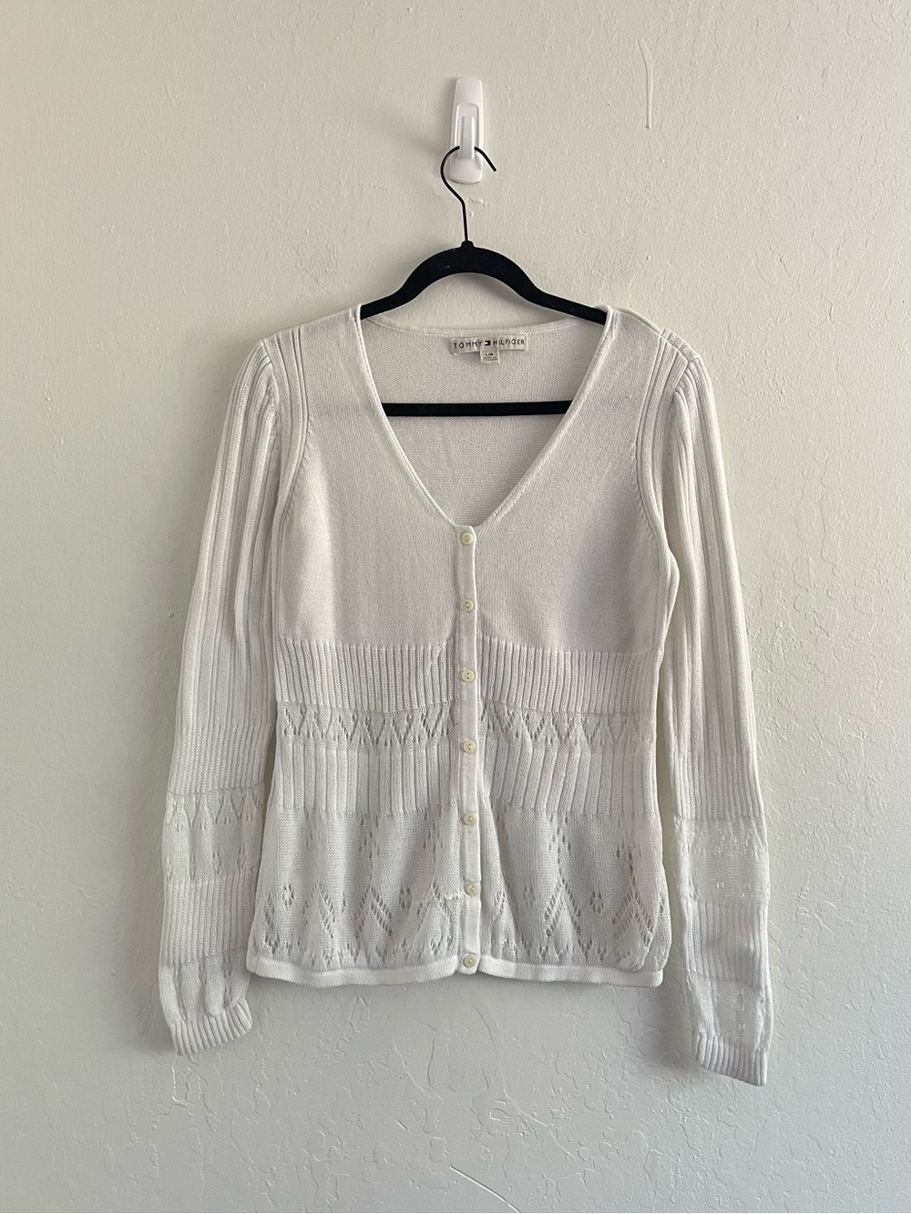 Y2K Tommy Hilfiger White Cotton Knit Sweater Cardigan Cotton Womens Size Large